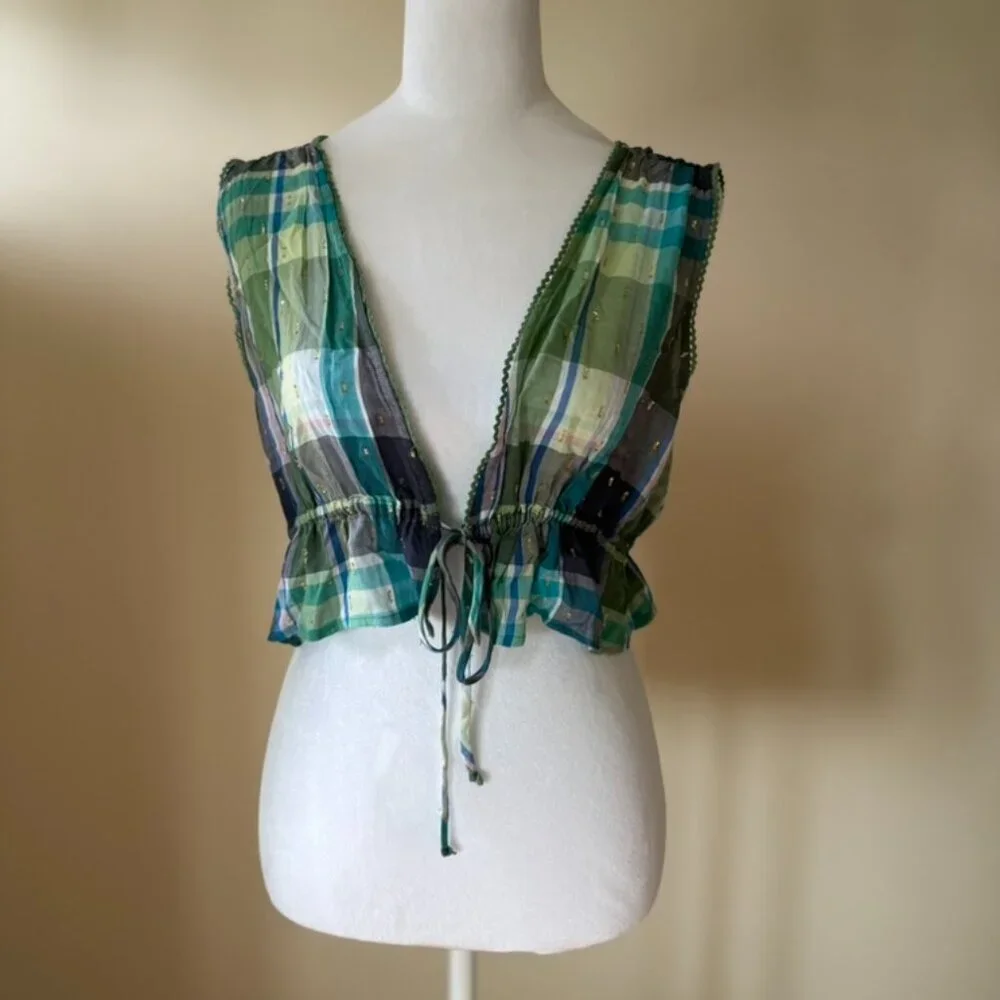 NWOT Aerie Blue Green Plaid Peplum Summer Crop Top Front Tie Plunge Neck Size XS - Picture 2 of 8